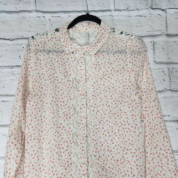 Lauren Conrad Semi Sheer Long Sleeve Button Up Collared Blouse Floral Medium - Picture 10 of 13
